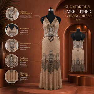 Robe de soirée élégante et ornée |   Robe de soirée/mariage longue ajustée sans manches à col en V ornée de perles style Art Déco avec jupe transparente - Product Image 5
