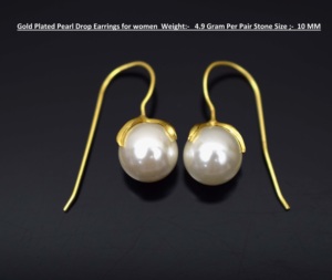 Classic Gold Plated Silver Freshwater Pearl Round Drop <b>Earrings</b> for Women Wedding Everyday Wear Bezel Setting - Product Image 5