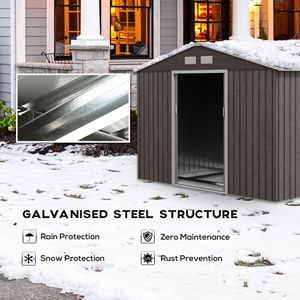 Capanno di stoccaggio in metallo grigio 9x6 con fondazione 2 porte scorrevoli e 4 prese d'aria Kit di attrezzi casa per giardino e giardino all'aperto - Product Image 4