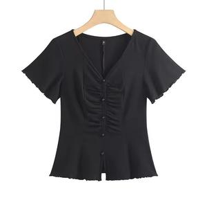 Camiseta de punto de talla grande con cuello con volantes y manga larga, color liso, estilo que rejuvenece, para mujer, colección otoño - Product Image 5