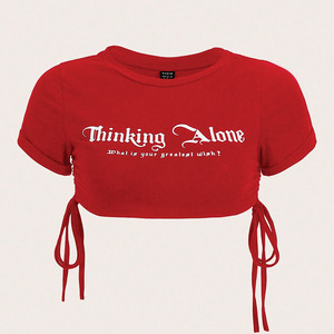 T-shirt court pour femme en coton tricoté personnalisé, coupe ajustée avec cordon de serrage, tissu doux, style streetwear, chemises pour femmes - Product Image 5