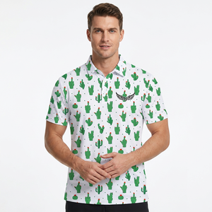 เสื้อเชิ้ตแขนสั้นลายกระบองเพชรสำหรับผู้ชาย ทรงปกติ ระบายอากาศได้ดี ผลิตจากผ้าโพลีเอสเตอร์ทอ สีขาวเขียว ลายพิมพ์ด้านหน้า มีโลโก้ - Product Image 3