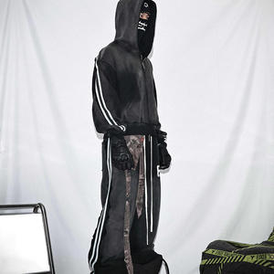 Ensemble survêtement streetwear délavé à l'acide avec logo personnalisé, pantalon de survêtement oversize en coton épais à jambe large et sweat à capuche zippé - Product Image 3