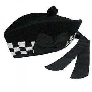 Béret noir à carreaux avec pompon et ruban, unisexe adulte 56-58CM, style décontracté, chapeau en velours, chapeau en laine Glengarry - Product Image 1