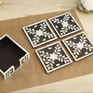 Sous-verres carrés en noyer avec incrustations en os, faits à la main, avec support, sous-verres décoratifs à prix avantageux - Product Image 1