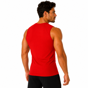 Custom Brand Men's <b>Red</b> Sleeveless O-Neck Tank <b>Top</b> Solid Breathable Sporty Fitness Gym Wear 100% Polyester Knitted 100g Front - Product Image 4
