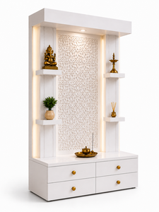 Mueble de Pooja de Madera de Teca de Diseño Moderno y Lujoso, con Símbolo Om y Detalles en Dorado, Nuevo, Duradero, Color Marfil, Tamaño Personalizado, Decoración para el Hogar - Product Image 3