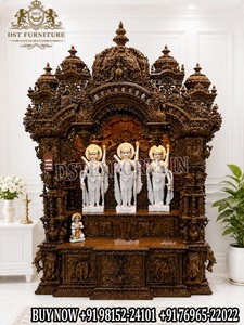 Traditional Swaminarayan Style Teak Wood Temple for Home Premium Gold Finish Hindu Temple Cabinet Intricately Carved Puja <b>Mandir</b> - Product Image 2
