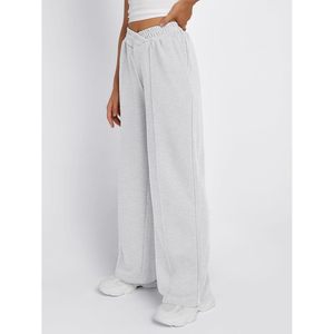 Women's High Waist Wide Leg Knitted Pants Solid Gray Loose Fit Elastic Waist Casual Full Length Autumn Wear - Product Image 1