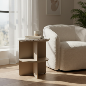 Table d'appoint moderne PKP pour chambre et salon, avec étagère et 2 tiroirs, en bois d'hévéa écologique du Vietnam, MDF, placage de chêne et plateau en marbre - Product Image 4