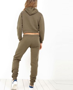 Ensemble de survêtement décontracté pour femme, vert olive, sweat-shirt court à capuche et pantalon de jogging déchiré, couleur unie, 2 pièces - Product Image 3