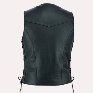 Chaleco de cuero tradicional color verde bosque oscuro con cuello en V profundo, material de cuero resistente para clubes de motociclistas. - Product Image 2