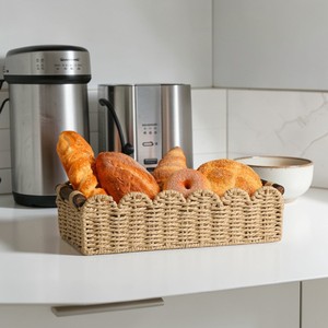 ISLA Handwoven Paper Rope Scalloped Tank Basket with Wooden Handles Wicker Organizer <b>Bin</b> for Bathroom Bedroom Kitchen Wholesale - Product Image 3