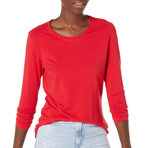 Camiseta de Manga Larga Roja para Mujer, Cuello Redondo, 100% Algodón Jersey, Tejido Casual, Color Sólido, Transpirable, Corte Ajustado, Anti-Pilling - Product Image 2