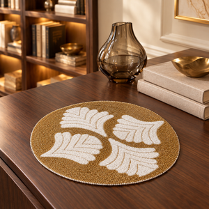 Leaf Motif Beaded <b>Placemat</b> <b>Gold</b> Ivory <b>Round</b> Table Mat Handmade Dining Decor Botanical Pattern | Elegant Glass Beadwork <b>Placemats</b> - Product Image 4
