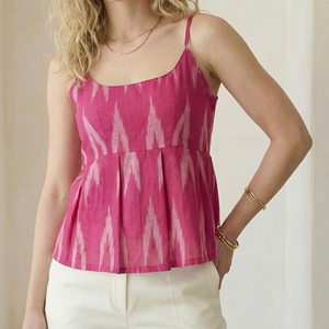 Womens Ikat Print Camisole <b>Top</b> Empire Waist Pleated Peplum Magenta Pink <b>Spaghetti</b> <b>Strap</b> Cami Apparel Manufacturer - Product Image 4