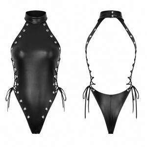 Body moulant noir en similicuir pour femme, col rond, détails à lacets latéraux et rivets, écologique, sexy, sans manches, coupe ajustée, idéal pour les soirées. - Product Image 6
