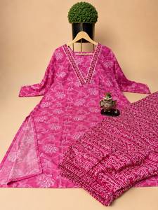 Pure Organic Cotton Woven V-neck Floral Print Breathable Embroidery Cute Casual Straight Side Cut Long Elastic Waist Kurta <b>Pant</b> - Product Image 3