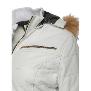 Veste en cuir de mouton matelassée blanche tendance pour femme, avec fourrure et capuche amovible, fermeture éclair, manteau d'hiver - Product Image 4