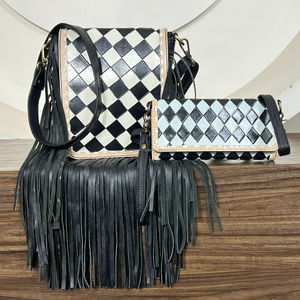 Women Vintage Style Tooled Checkered Design Fashion Trendy Fringe Handbag & Crossbody Wallet with Wristlet 2-Piece Matching Set - Product Image 4