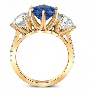 Round Blue <b>Sapphire</b> Gemstone Three Stone Engagement Ring with Round Side Stones 10K 14K 18K Gold 925 935 Silver - Product Image 4