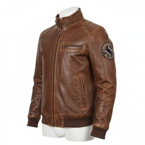 แจ็คเก็ตหนังแท้สีน้ำตาลสไตล์วินเทจ ผ้าแคนวาส ทรงสลิมฟิต สำหรับผู้ชาย สไตล์ไบค์เกอร์ บอมเบอร์  รักษ์โลก  งานปักลายสตรีทแวร์ - Product Image 1