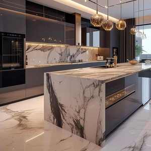 CBMmart Gris brillant personnalisé - Panneau de porte en verre sans poignée avec éclairage LED intégré et grands plateaux en marbre cascade - Product Image 3