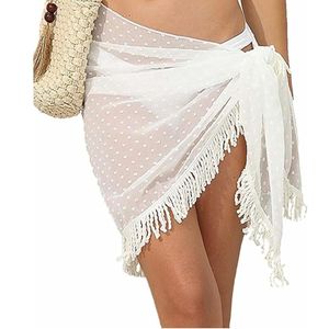 White Chiffon Asymmetric Beach Wrap <b>Skirt</b> With Tassels Cover Up Mini Style - Product Image 1