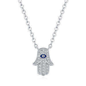 Collar con Colgante de Mano de Hamsa y Ojo Turco de Plata de Ley 925, Ojos Azules, Cadena de Clavícula, Dije Fino, Cadena de Eslabones de Circonita, Regalo de Compromiso - Product Image 1