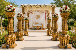 Trending Temple Style <b>Elephant</b> Theme Antique Gold Finish Mandapam Traditional <b>Elephant</b> Carved Pillar Mandap For Hindu Weddings - Product Image 5