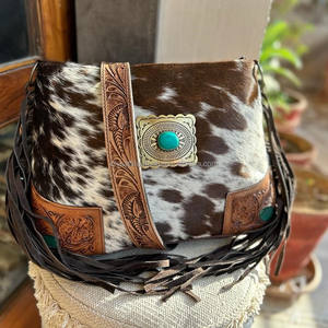 Nouveau Style occidental artisanal usiné cheveux sur peau fourrure cuir frange sac à bandoulière Style Boho sculpté cuir Turquoise pierre sacs - Product Image 2