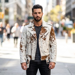<b>Men's</b> Leather Motorcycle <b>Jacket</b> Hooded <b>Bomber</b> & Pilot Style Plaid Pattern <b>Summer</b> Casual Zipper Closure - Product Image 4