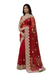 Heavy Look Bridal Sari Traditional Indian Designer Net <b>Saree</b> <b>Blouse</b> Women's Party Wear Embroidery Work with Pearls Diamonds Work - Product Image 5
