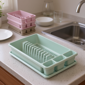 Scolapiatti in plastica con porta posate e vassoio di drenaggio per uso in cucina - Product Image 3