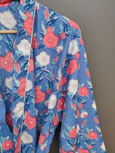 Bata Kimono de Algodón Transpirable con Estampado Floral Azul, Cinturón, Manga Larga, Largo Completo, Informal, para Mujer, Tejido Suave - Product Image 2