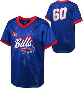 Maillot de football américain Buffalo Bills bleu en mesh, manches courtes, léger, 100% polyester, avec logo brodé personnalisé, numéro 60 - Product Image 1
