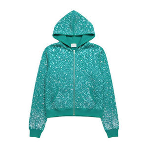 Sweat à capuche zippé oversize glamour avec logo personnalisé, en mélange de coton premium, tricoté uni pour l'hiver, entièrement orné de strass pour homme - Product Image 2