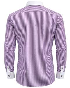 Camisa de Vestir para Hombre, Corte Slim, Rayas Blancas y Moradas, Manga Larga, Cuello y Puños en Contraste, Formal, para Oficina, Mezcla de Algodón, OEM - Product Image 2