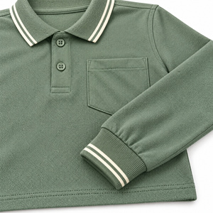 Polo de Manga Larga para Adultos, Unisex, Verde, de Algodón Mate y Poliéster, con Bolsillo en el Pecho, Uniforme Escolar - Product Image 3