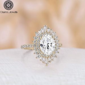 Charm_Jewells Women's 18K Solid <b>Gold</b> Oval Moissanite <b>Cocktail</b> <b>Ring</b> Pave Setting Flower Design Luxury Engagement <b>Ring</b> - Product Image 2