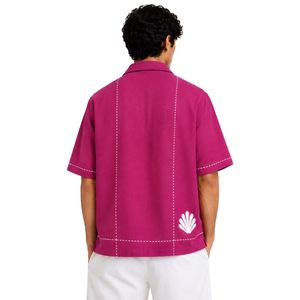 Chemise décontractée d'été pour homme à col cubain, manches courtes, broderie blanche, en coton et lin, boutonnée, style plage, couleur magenta - Product Image 2
