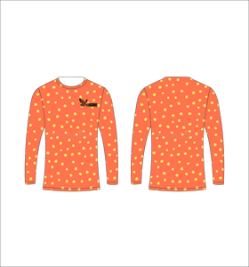 Maillot de sport personnalisé à manches longues en sublimation, léger, avec motif à pois aléatoires corail et jaunes – Fournisseur de vêtements en gros - Product Image 1