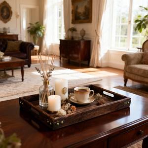 Plateau de rangement et de service en bois rustique avec côtés profonds, construction robuste, parfait pour les collations, les fruits, la décoration de table et l'usage quotidien - Product Image 3