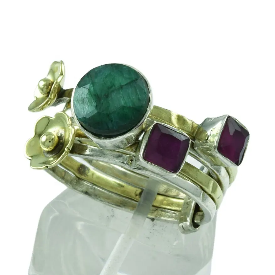 Graceful Ruby And Emerald Gem Stone 925 Sterling Silver Stackable Ring Jewelry Wholesaler India
