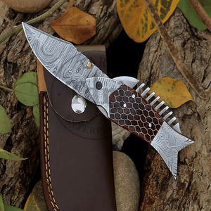 High Quality Damascus Folding Knife Fish Design Pocket Knife Custom Handle Handmade EDC Utility Knife <b>Drop</b> Point 3-Year Warranty - Product Image 1