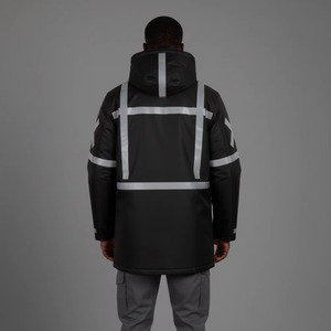 Men's Black Hooded Puffer <b>Jacket</b> With Reflective Stripes <b>Waterproof</b> Workwear Style <b>Long</b> Winter Coat Regular Fit Zipper Closure - Product Image 2