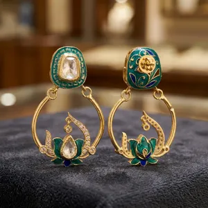 ต่างหูทรงหยดน้ำประดับกระจกเจด้าว์มีนาคารีสีเขียวอมฟ้าเคลือบทอง 18K สไตล์วินเทจสุดหรู พร้อมกระจกโพลกี |   มรดกอันทรงเกียรติแห่งราชวงศ์ ชัยปุระ - Product Image 3