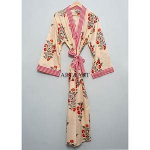 <b>Women's</b> Cotton <b>Kimono</b> Handmade Floral Printed Japanese Style Floor-Length Washable Robe Beachwear Lounge Wear Sleepwear - Product Image 1