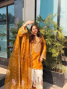 Mustard Yellow Embroidered Kurti Set With White Palazzo And <b>Net</b> <b>Dupatta</b> Indian Pakistani Traditional Outfit - Product Image 3