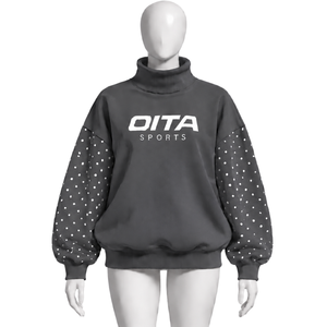 Charcoal Oversized <b>Women</b> Mock Neck Sweatshirt Pearl Studded Sleeve Pullover Loose Fit Casual Streetwear Long Sleeve <b>Winter</b> <b>Top</b> - Product Image 1